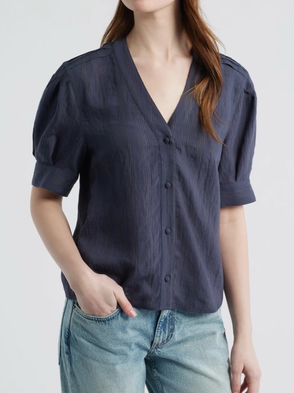 rag & bone Taylor Short Sleeve Woven Shirt Navy V-Neck Small *Flaw